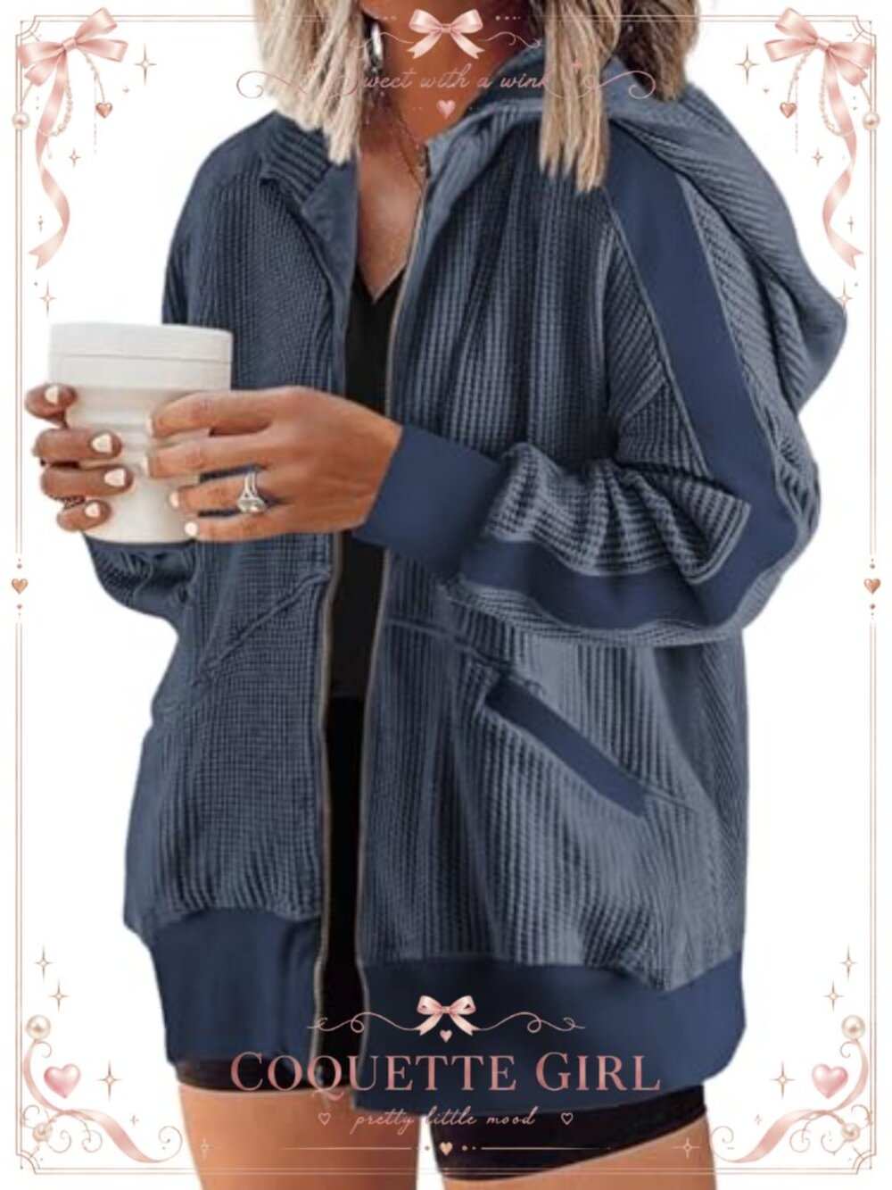 Plus Size Waffle Knit Zip Up Hoodie Oversized Sweatshirt with Pockets